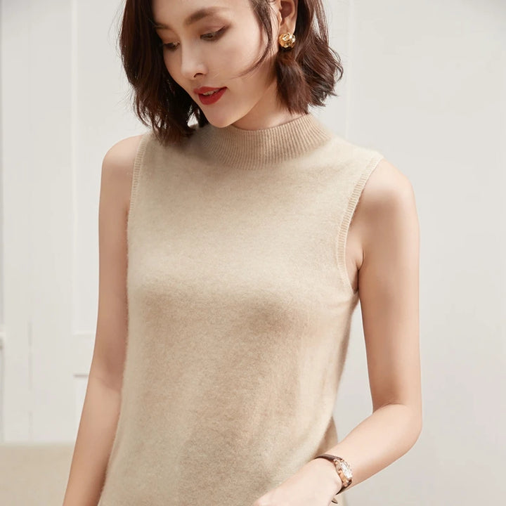 Pure Cashmere Sleeveless Mock Neck Top