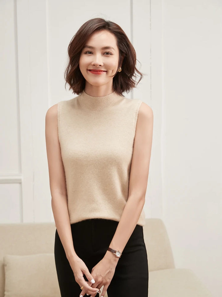 Pure Cashmere Sleeveless Mock Neck Top