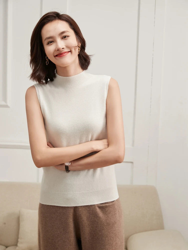 Pure Cashmere Sleeveless Mock Neck Top
