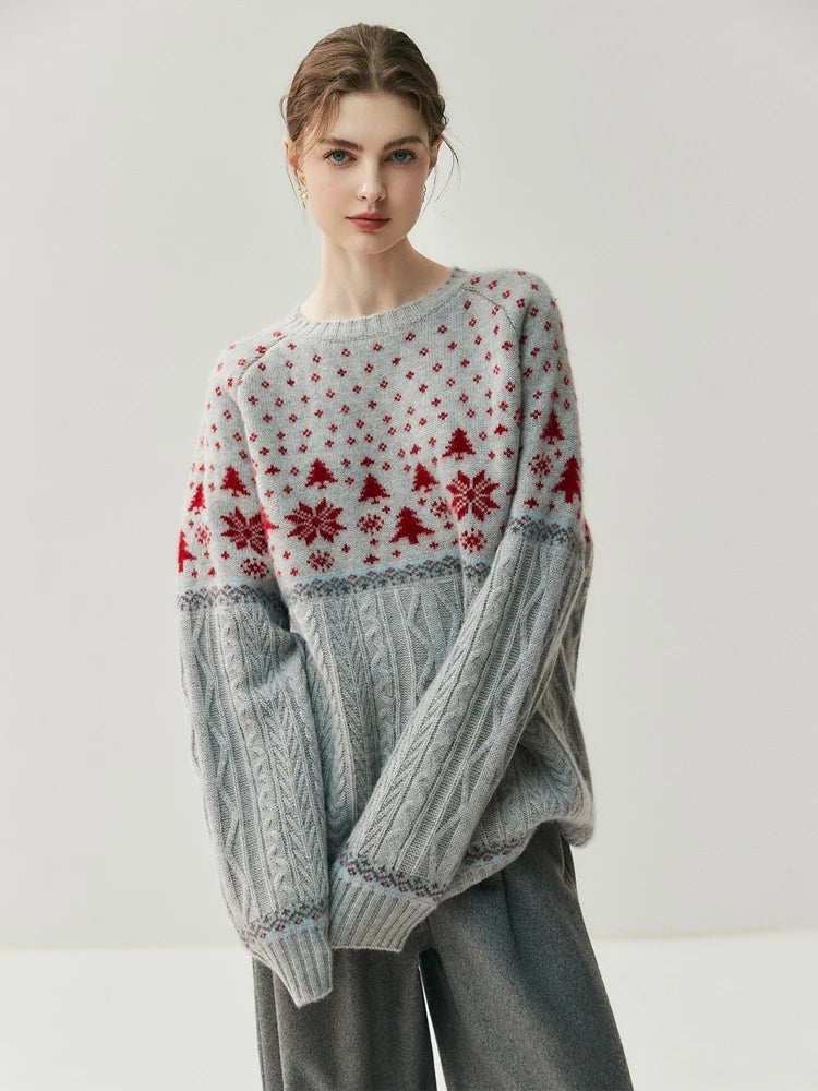 Pure Cashmere Sweater Snowflake Jacquard Loose Pullover