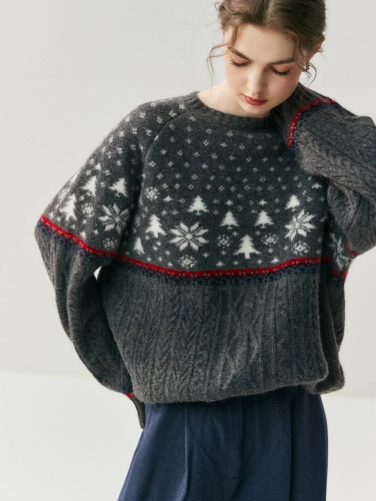 Pure Cashmere Sweater Snowflake Jacquard Loose Pullover