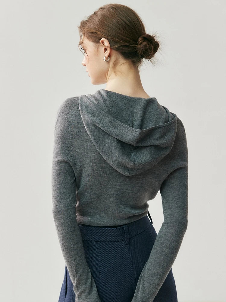 Pure Merino Wool Zip Hooded Knit Sweater