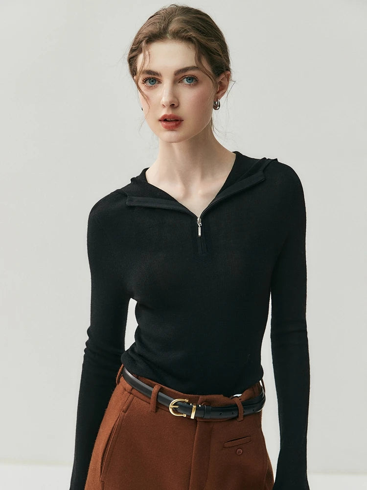 Pure Merino Wool Zip Hooded Knit Sweater