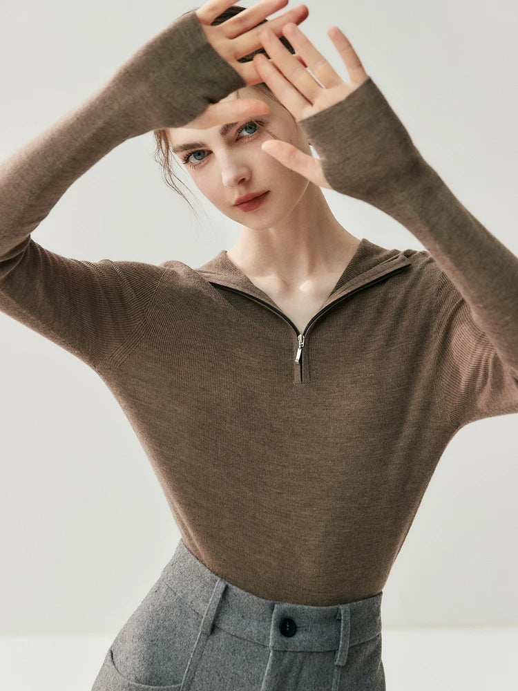 Pure Merino Wool Zip Hooded Knit Sweater