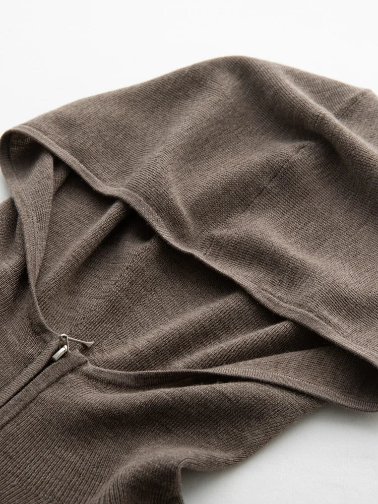 Pure Merino Wool Zip Hooded Knit Sweater