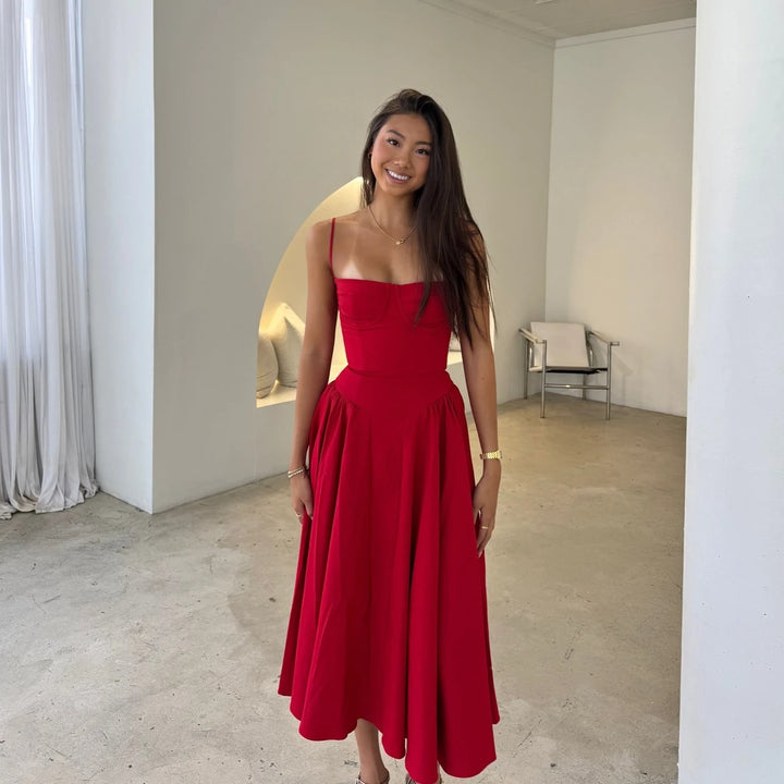 Red Spaghetti Strap Fit and Flare Midi Dress