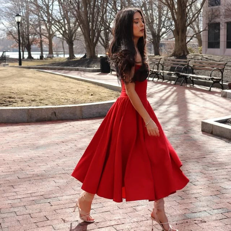 Red Spaghetti Strap Fit and Flare Midi Dress