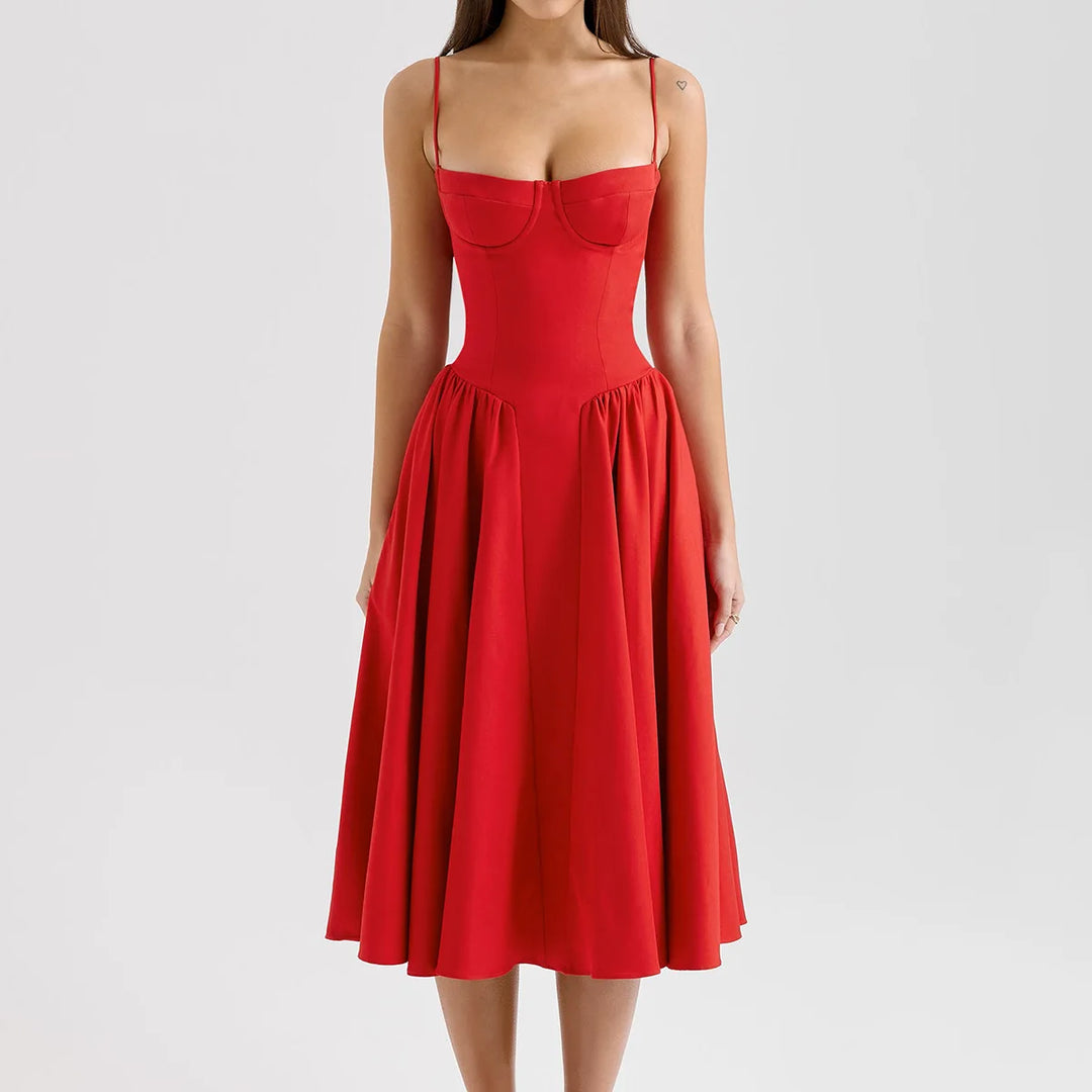 Red Spaghetti Strap Fit and Flare Midi Dress