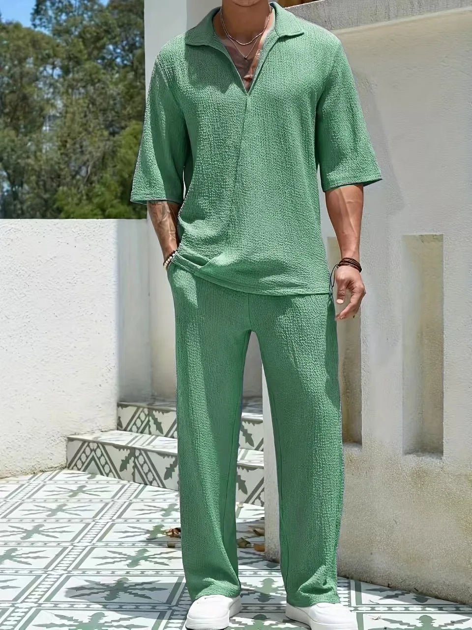  Relaxed Textured Knit Two-Piece Set