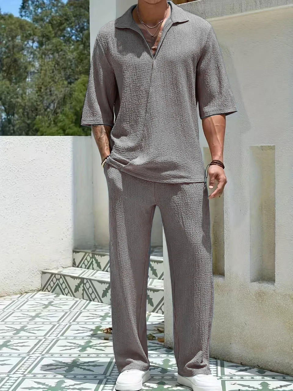  Relaxed Textured Knit Two-Piece Set