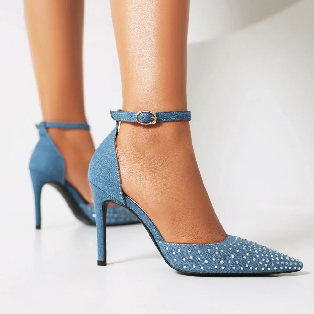 Rhinestone Pointed Toe Ankle Strap Heels
