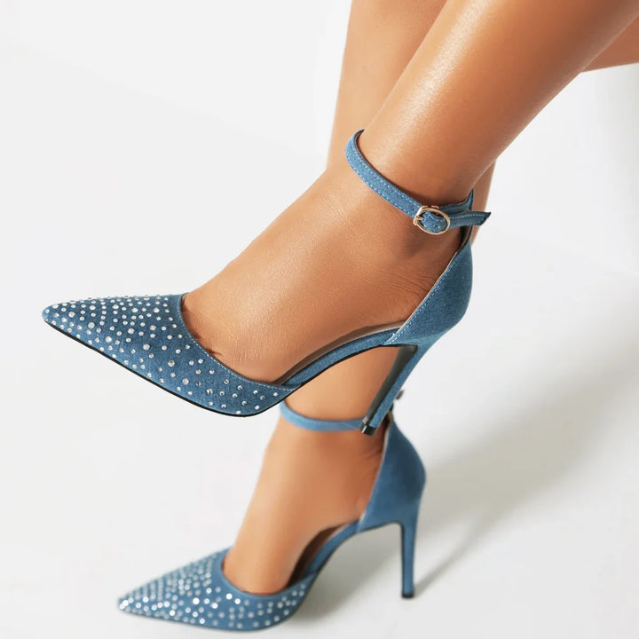 Rhinestone Pointed Toe Ankle Strap Heels