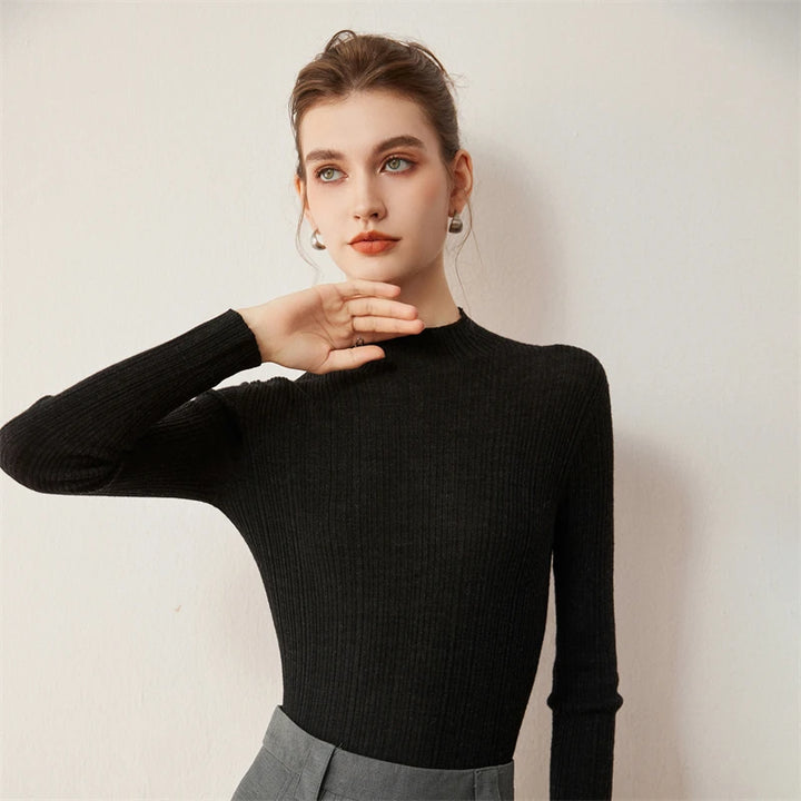 Ribbed Wool Mock Neck Sweater