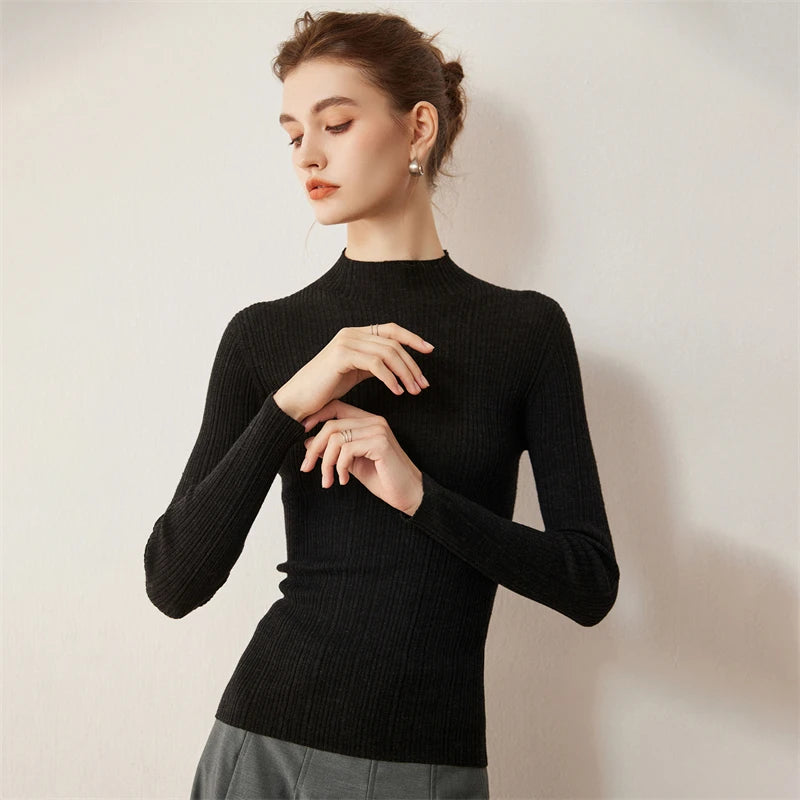 Ribbed Wool Mock Neck Sweater