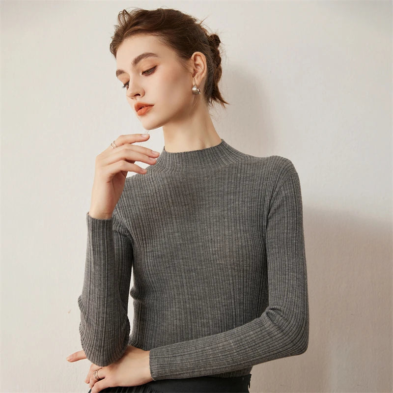 Ribbed Wool Mock Neck Sweater