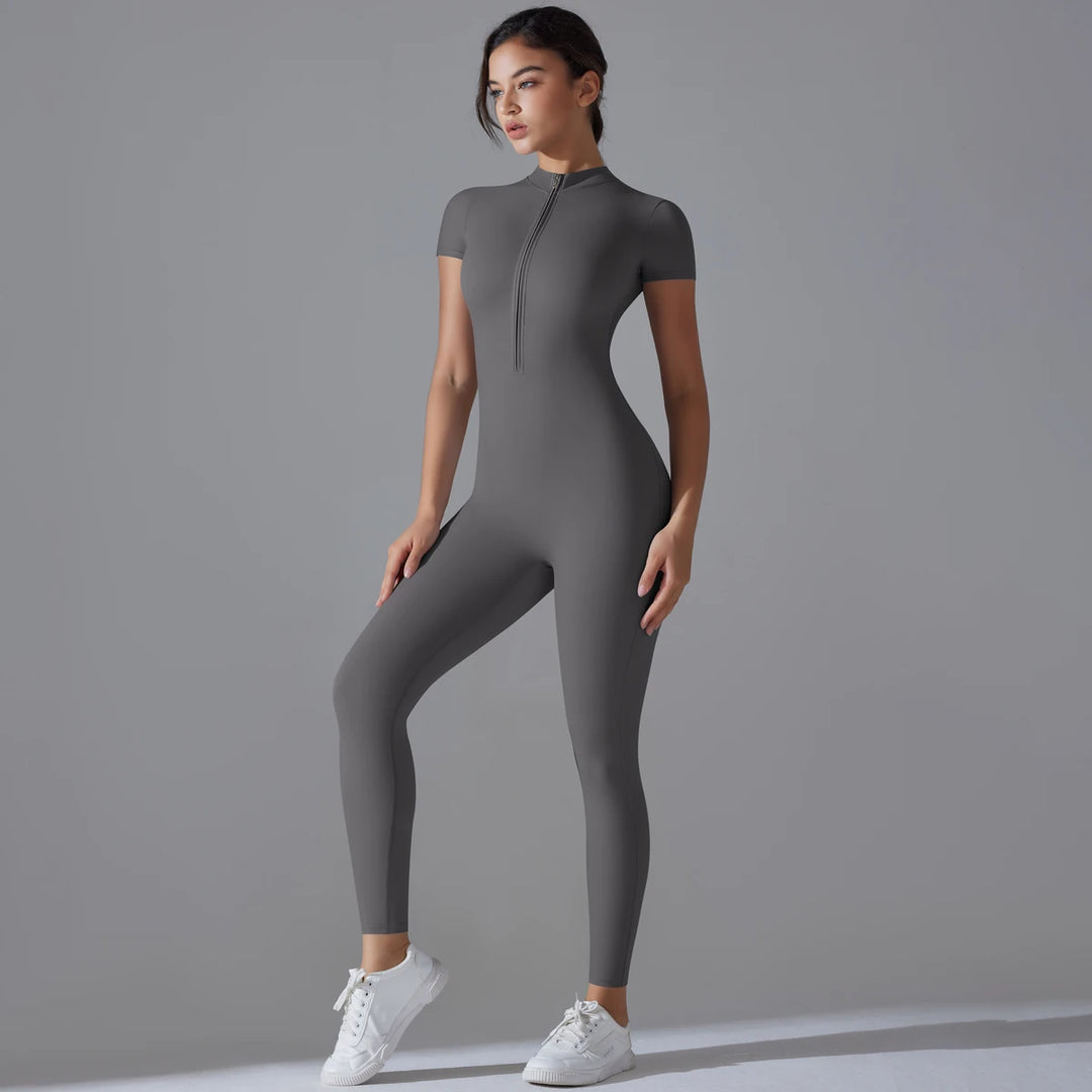 Vera | Chic Zip-Up Short Sleeve Workout Jumpsuit