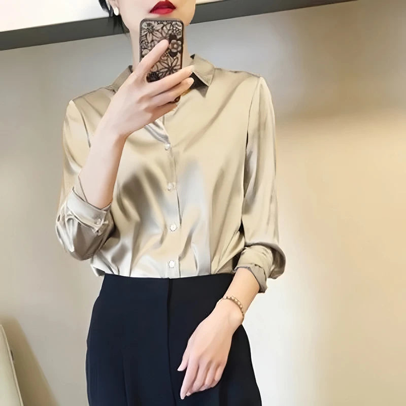  Satin Button Down Blouse Long Sleeve