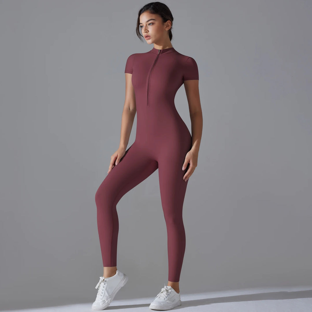 Vera | Chic Zip-Up Short Sleeve Workout Jumpsuit