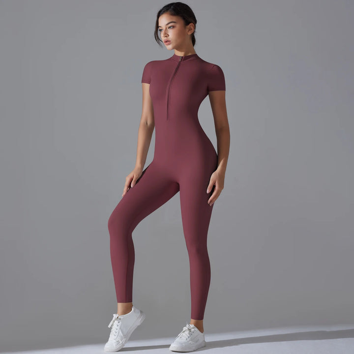 Vera | Chic Zip-Up Short Sleeve Workout Jumpsuit