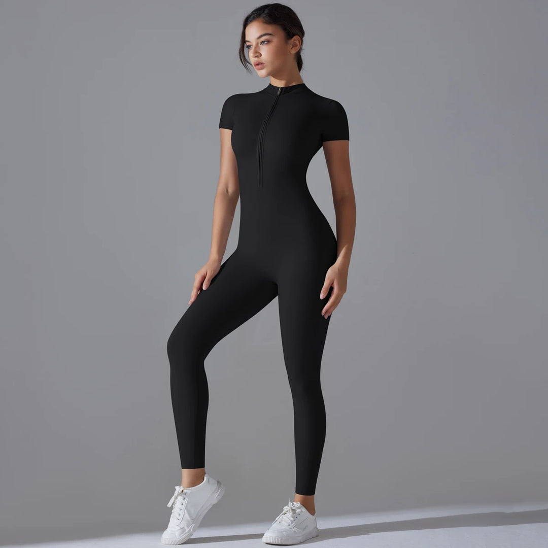 Vera | Chic Zip-Up Short Sleeve Workout Jumpsuit