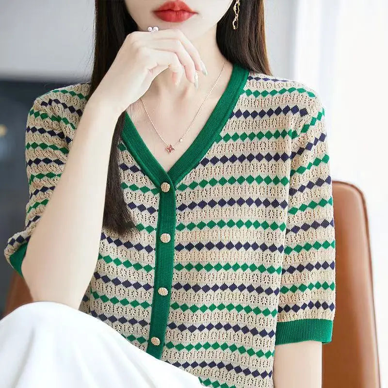 Vera | Women's Striped Knit V-Neck Short Sleeve Cardigan Top