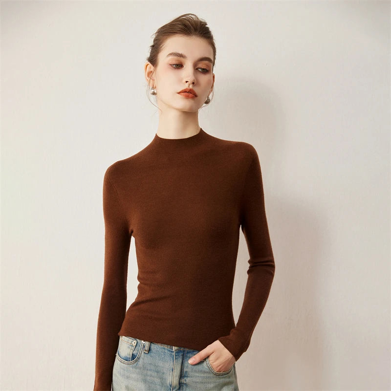 Seamless Wool Mock Neck Knit Sweater