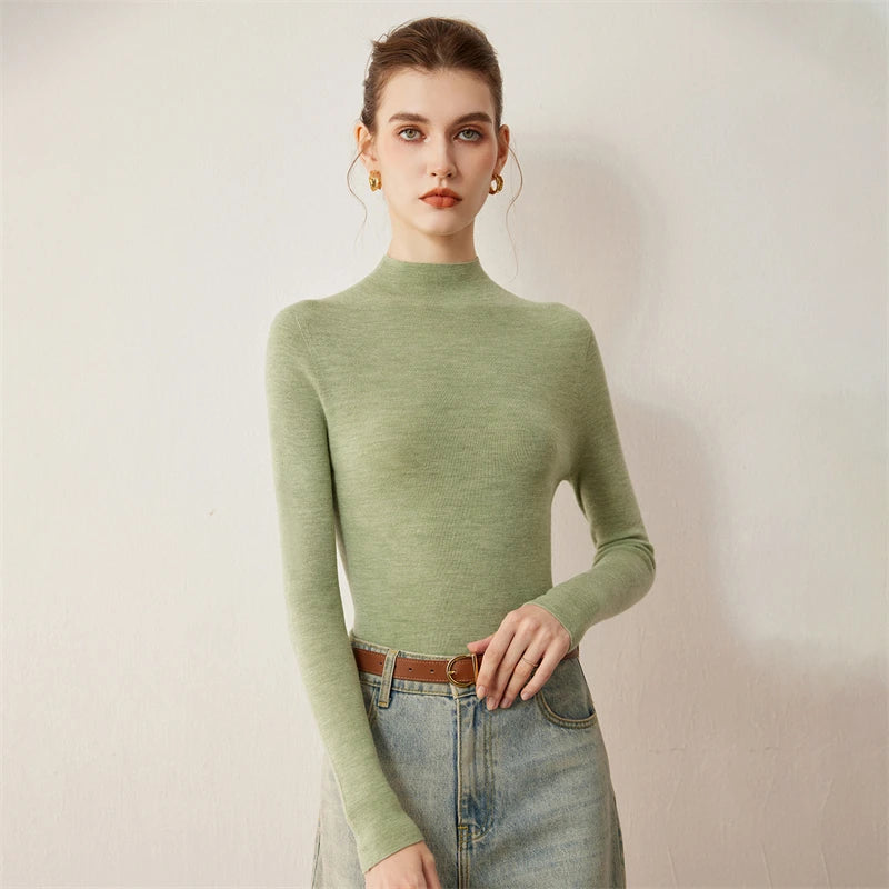 Seamless Wool Mock Neck Knit Sweater