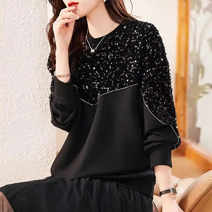 Sequin Panel Knit Sweatshirt