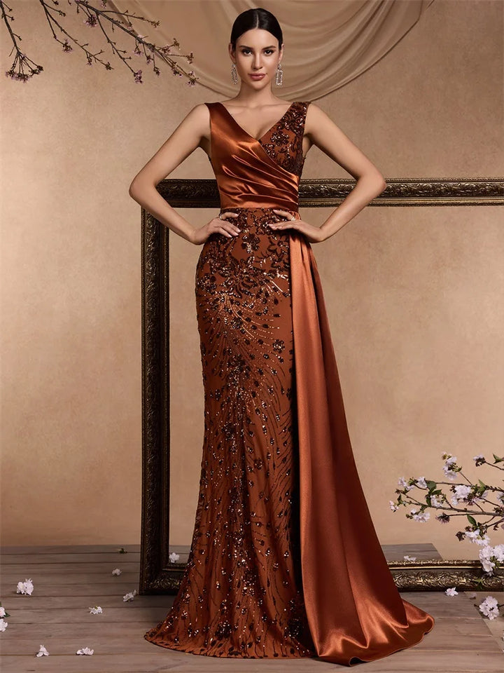 Sequin V-Neck Satin Evening Gown