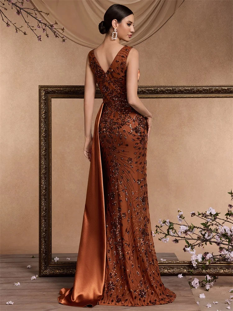 Sequin V-Neck Satin Evening Gown