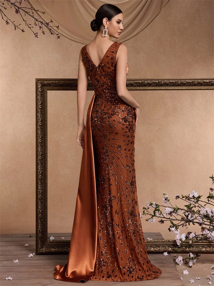Sequin V-Neck Satin Evening Gown