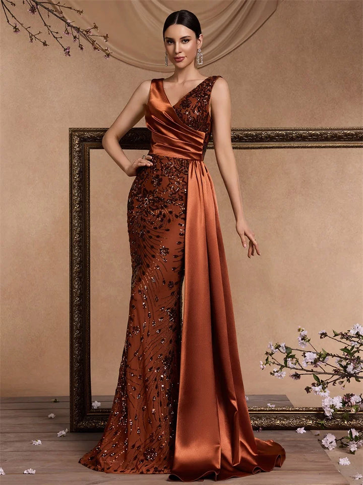 Sequin V-Neck Satin Evening Gown