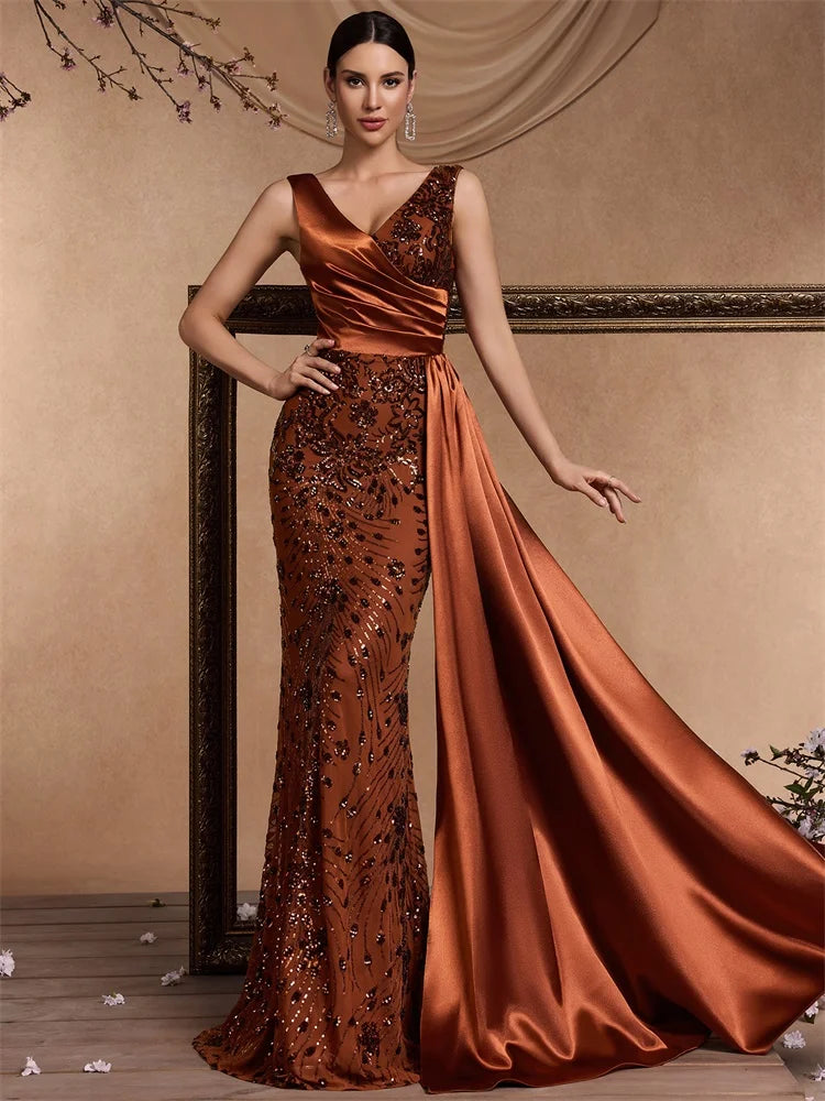 Sequin V-Neck Satin Evening Gown