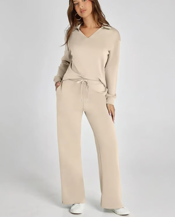 Two-Piece Set V-Neck Sweatshirt Elastic Trousers