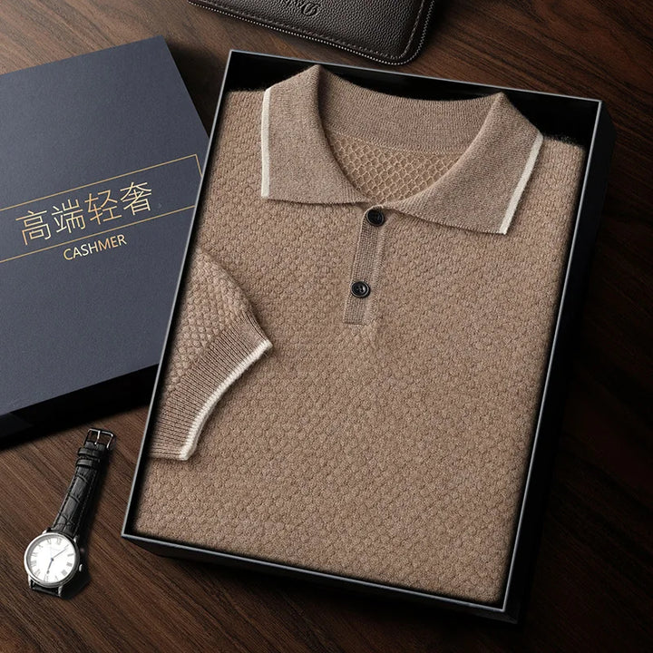Short-Sleeved Cashmere Knit Polo Shirt