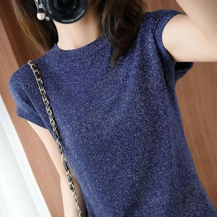 Silk-Feel Round Neck Short Sleeve Top
