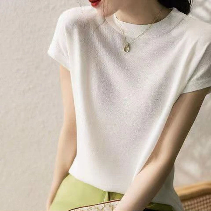 Silk-Feel Round Neck Short Sleeve Top