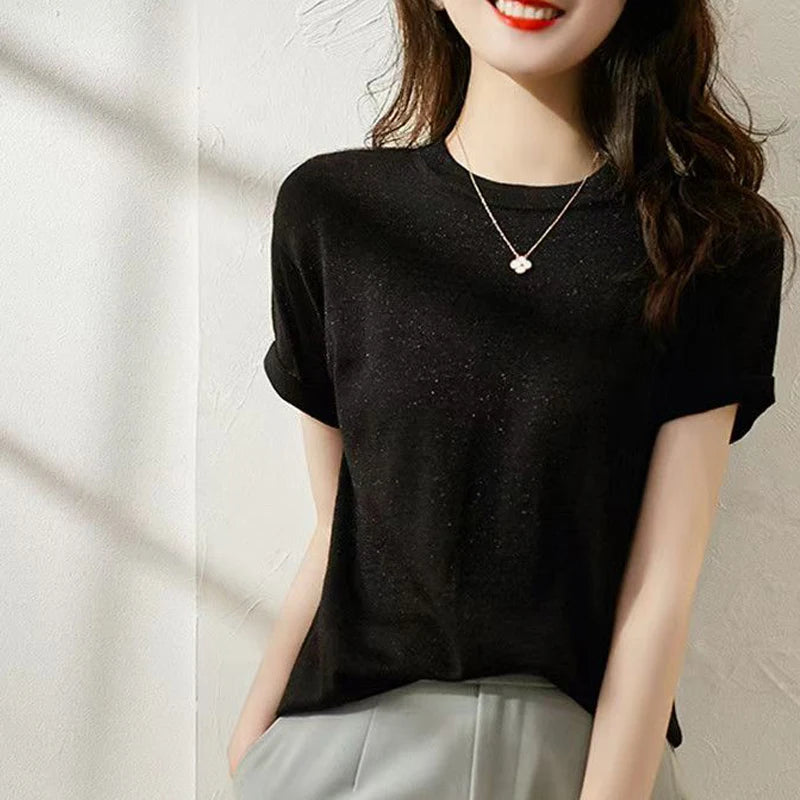 Silk-Feel Round Neck Short Sleeve Top