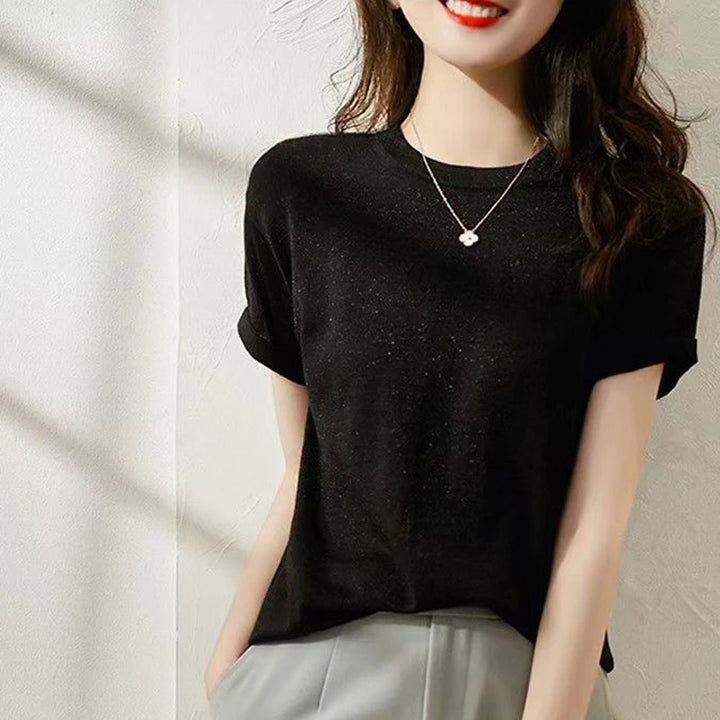 Silk-Feel Round Neck Short Sleeve Top