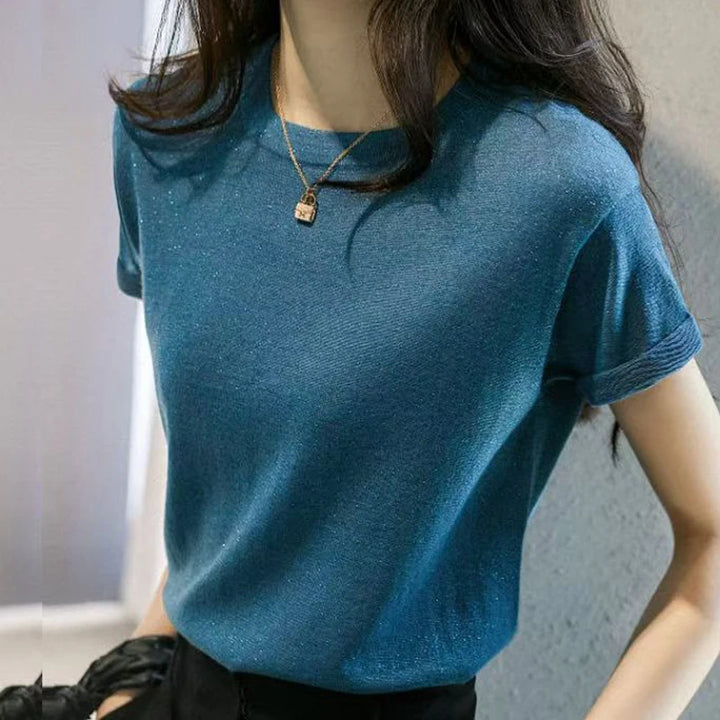 Silk-Feel Round Neck Short Sleeve Top