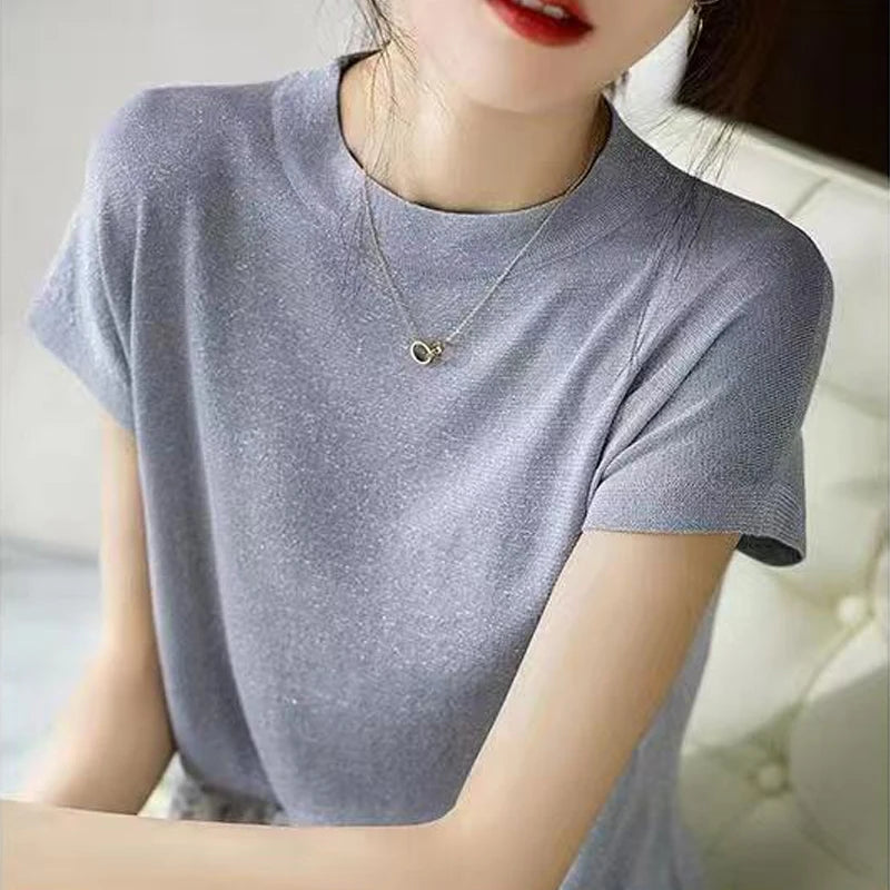 Silk-Feel Round Neck Short Sleeve Top