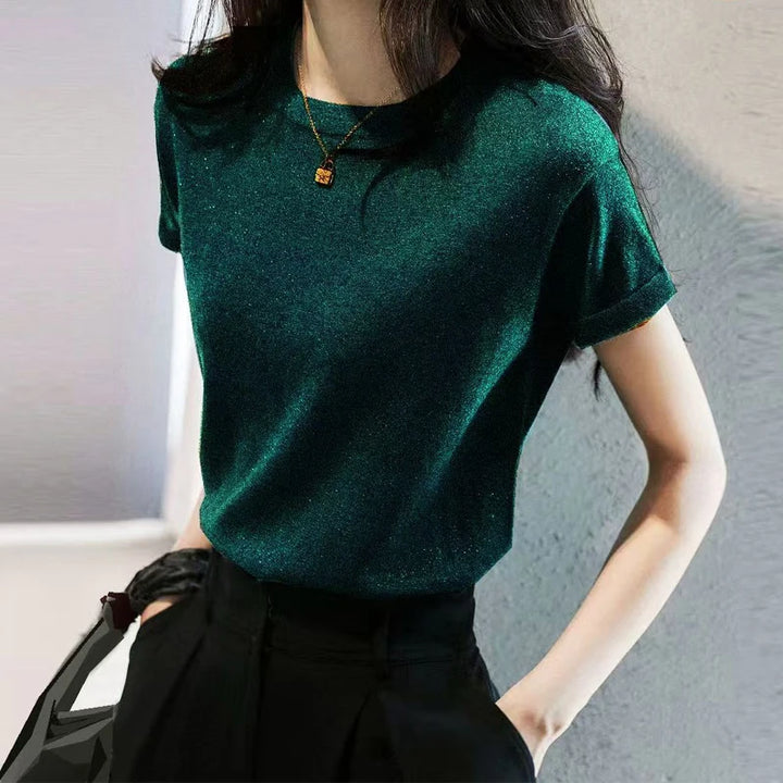 Silk-Feel Round Neck Short Sleeve Top