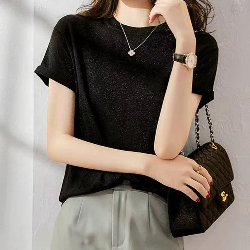 Silk-Feel Round Neck Short Sleeve Top