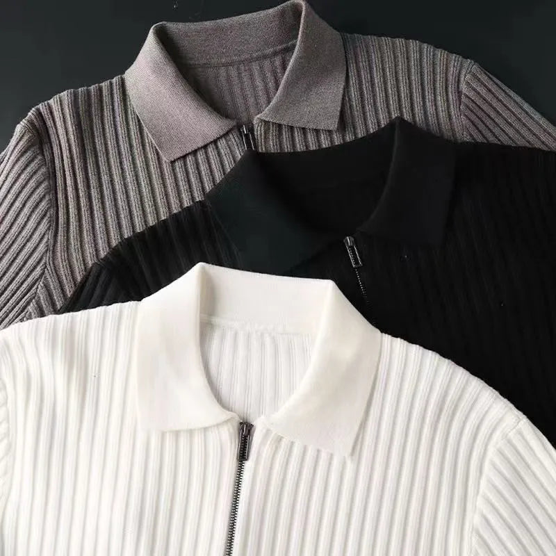 Slim Fit Vertical Stripe Polo Sweater