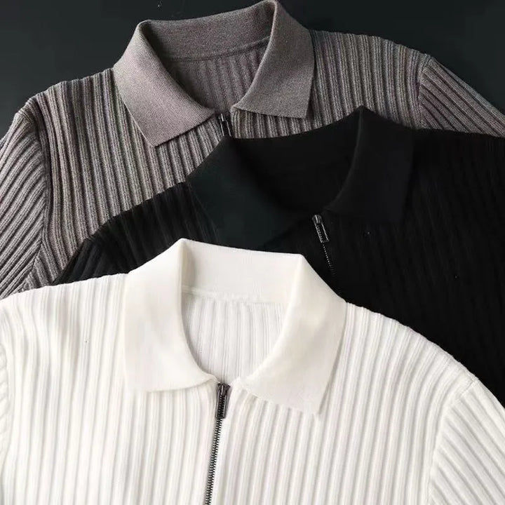Slim Fit Vertical Stripe Polo Sweater