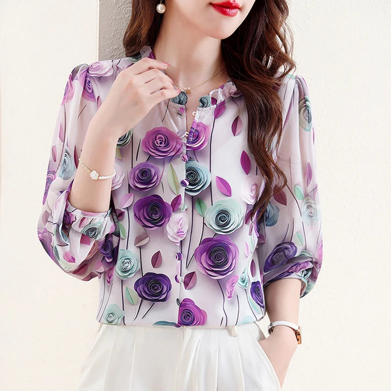 Soft Rose Print Chiffon Blouse