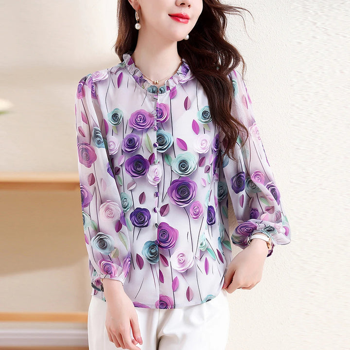 Soft Rose Print Chiffon Blouse