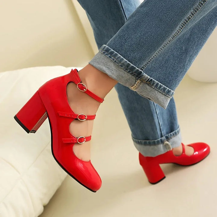  Square Toe Mary Jane Block Heel Pumps