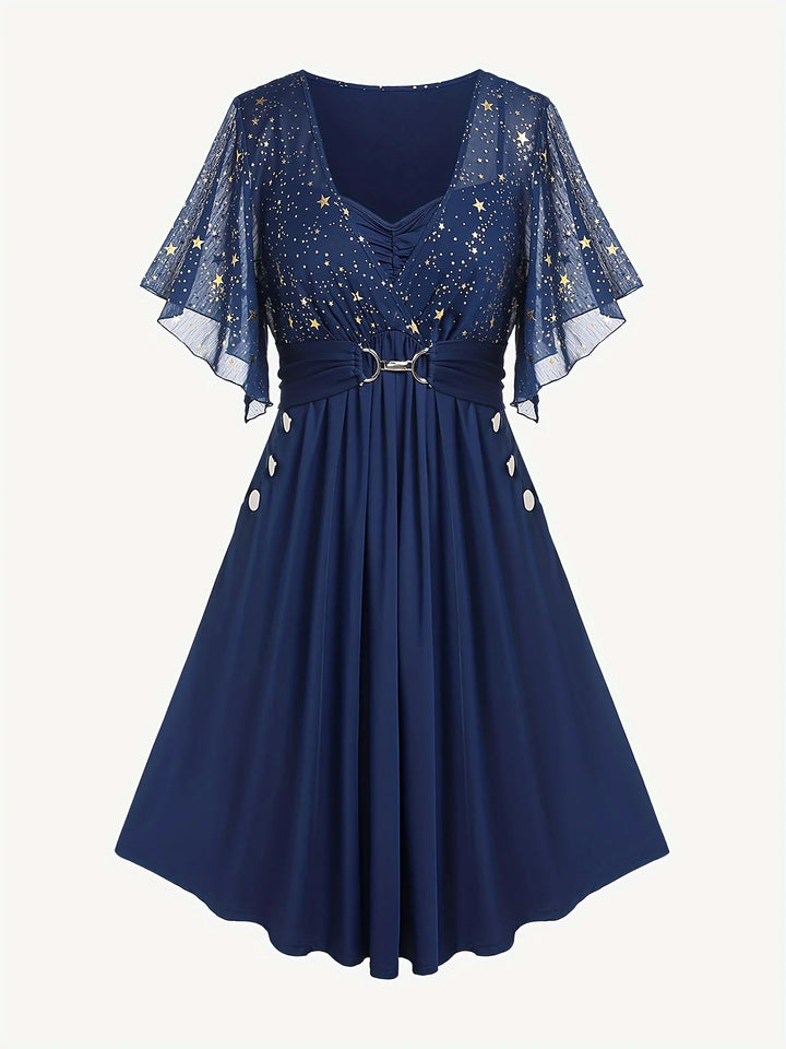 Star Print Pleated Butterfly Sleeve Dress