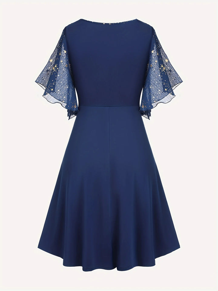 Star Print Pleated Butterfly Sleeve Dress
